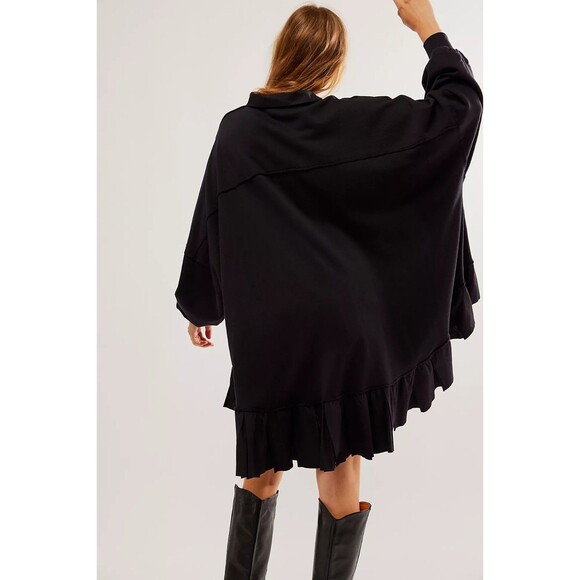 Free People Buttondown Sweatshirt Top Oversized Ruffle Black Cotton L NWD 282777 - Picture 3 of 11